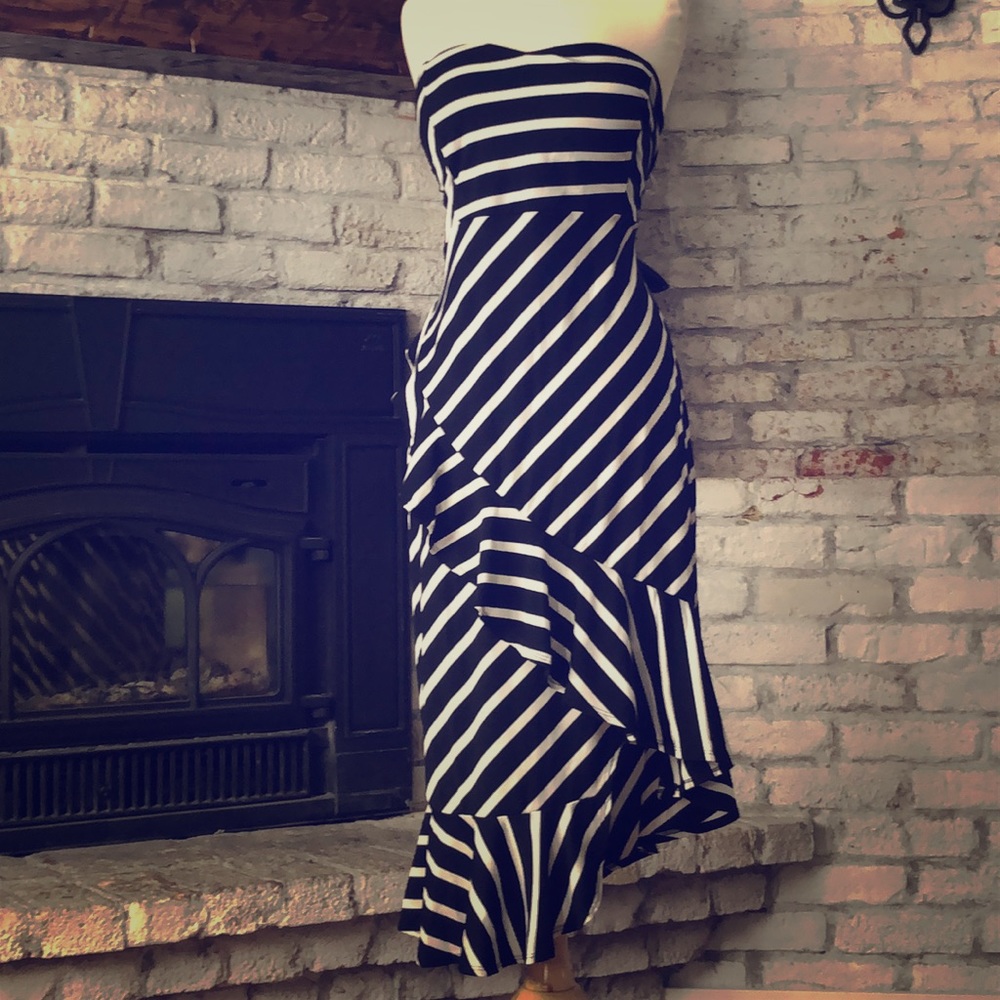 CAMEO BLACK AND WHITE HIGH LOW STRAPLESS DRESS